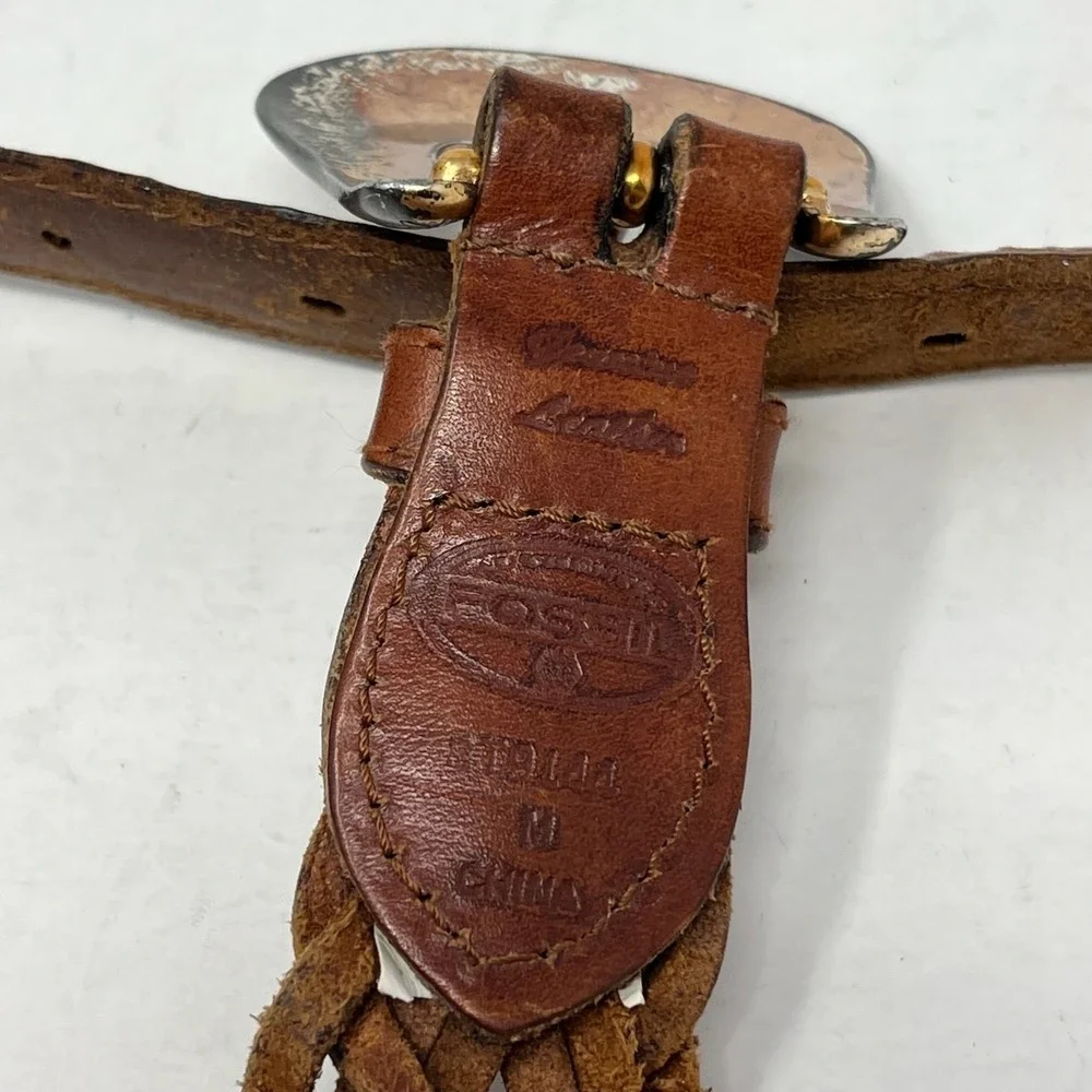 Vtg Fossil Belt Womens Size M Brown Leather Conch Western Rustic Rodeo - Picture 3 of 7